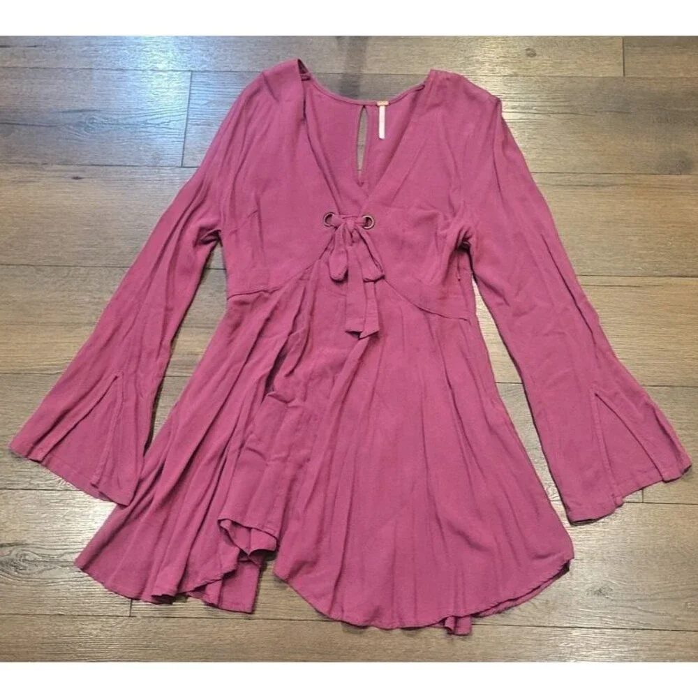 Free People Tunic Mini Dress Sz 12 Front Tie Bell Sleeve Peasant Hippie Boho